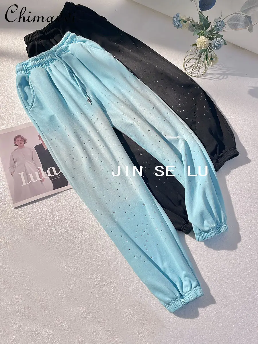 Fashion Rhinestone Gradient Color Casual Sweatpants Spring and Autumn New High Waist Loose Temperament Ankle Banded Pants Women autumn gradient change jeans men loose tooling harlan embroidery brand ankle banded pants kpop clothes cargo pants men fashion