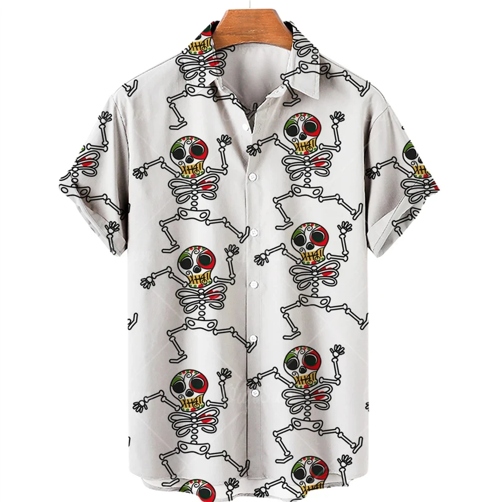 thumbnail image 1 of Camisa de manga corta para hombre, cómoda y transpirable, informal, con estampado 3D de calavera divertida, nueva de verano de 2024, con solapa y botones, talla grande, 1 of 5
