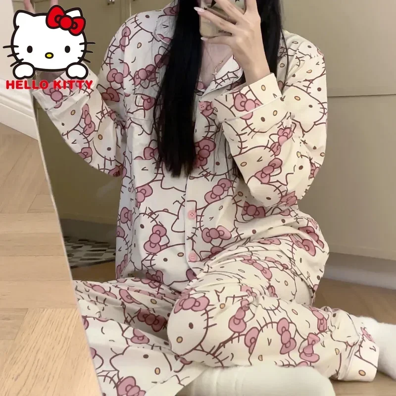 Sanrio Hello Kitty Autumn Sweet Girl Pajama Set My Melody Anime Y2K Japan Long Sleeve Trousers Student Home Clothes Women Pijama fdfklak nightie for feeding cotton maternity pajamas long sleeve pijama maternal spring autumn print pregnancy sleepwear