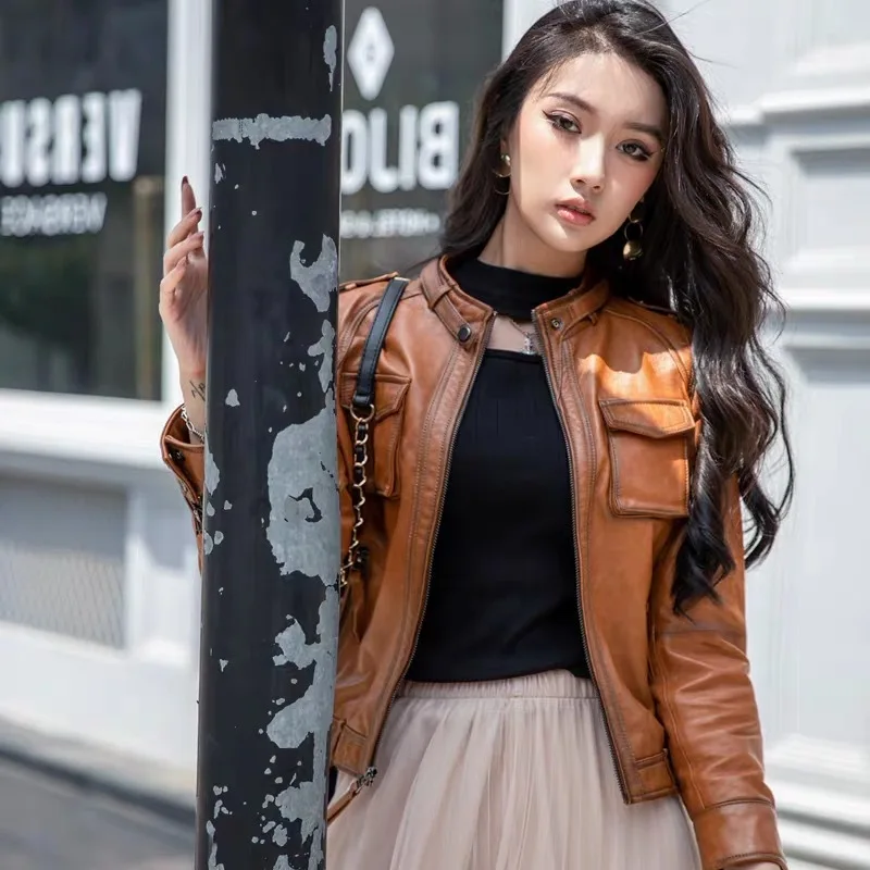 

2023New Sheepskin genuine leather small leather jacket for women's short motorcycle autumn/winter new slim standing collar jack