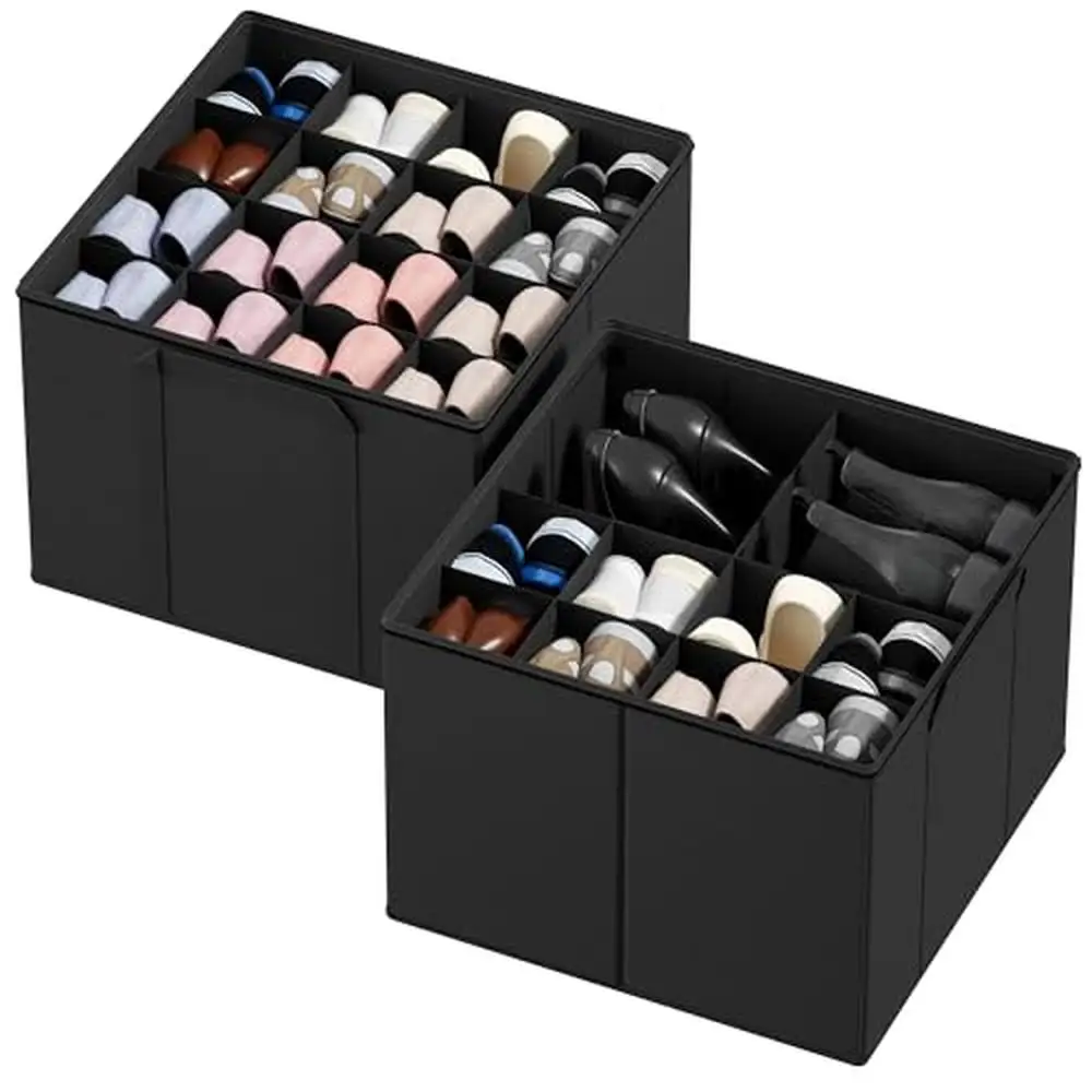 

2 Pack Foldable Shoe Storage Container Organizer with Adjustable Dividers 16-32 Pairs Transparent Top Durable Fabric Ideal Shoes