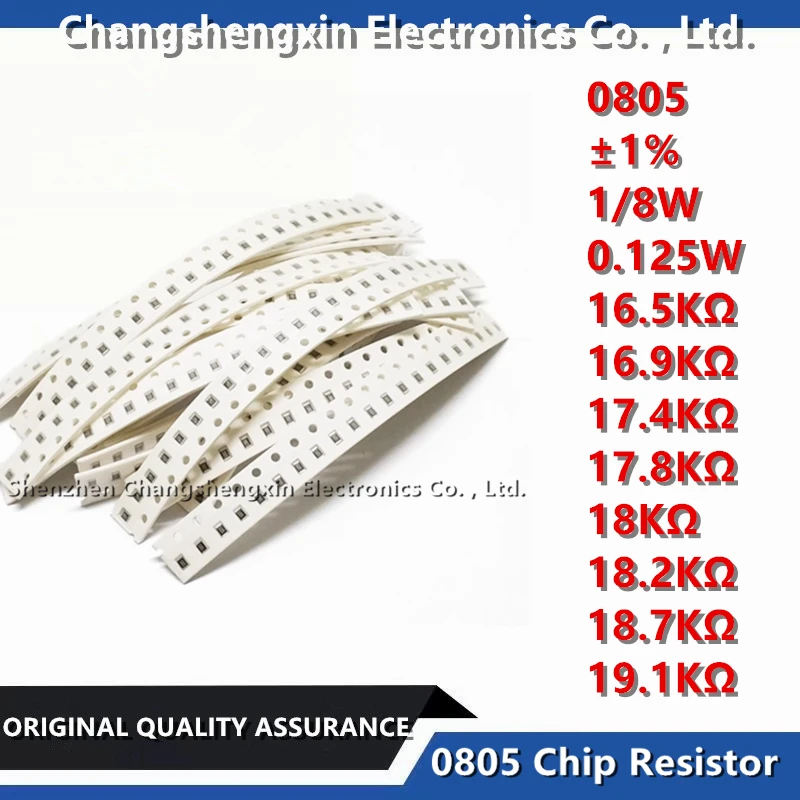 

100PCS 0805 SMT Chip Resistor Tolerance ±1% 1/8W 0.125W Resistance 16.5KΩ 16.9KΩ 17.4KΩ 17.8KΩ 18KΩ 18.2KΩ 18.7KΩ 19.1KΩ