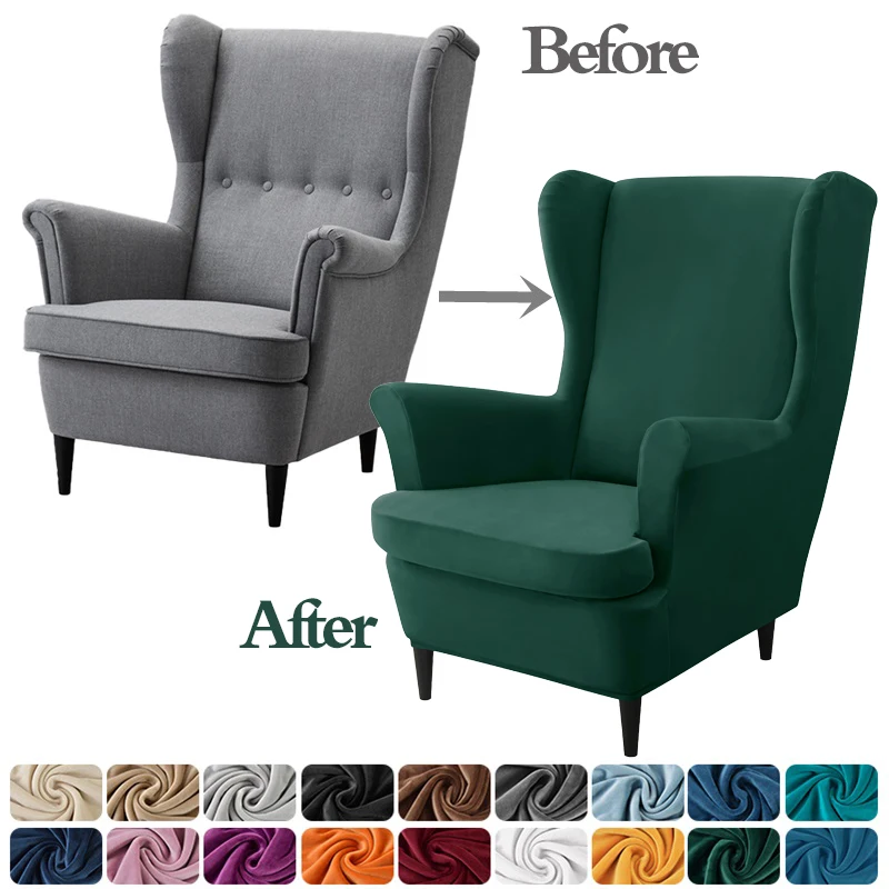 Wing Chair Slipcover Stretch Velvet Wing Armchair Cover with Seat Cushion Cover Elastic Sofa Slipcovers Solid Color Sofa Covers