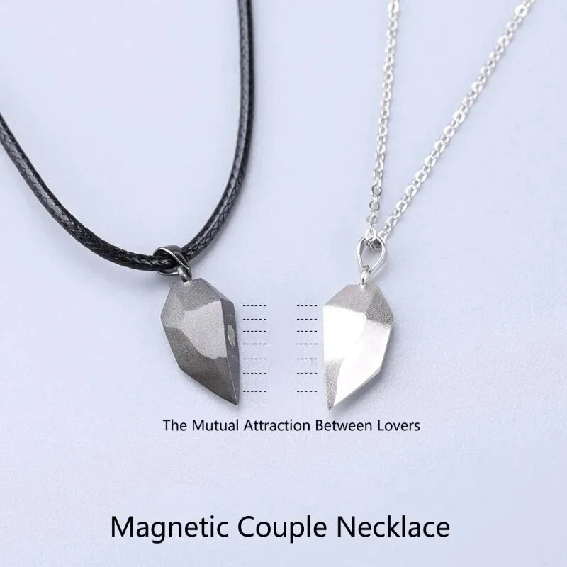 2 Pcs/Set Couple Necklace Magnetic Inlaid Charm Heart Pendant Minimalism Couple Jewelry Wishing Stone Birthday Anniversary Gift