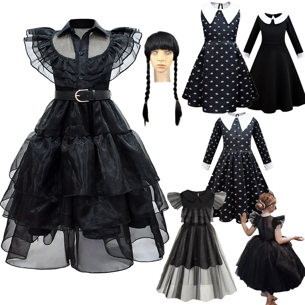 Wednesday Addams Cosplay Dla Kostium Dziewczęcy 2023 Nowy Vestidos Dla Dzieci Dziewczyny Mesh Sukienek Kostiumy Karnawałowe 3-10 Lat