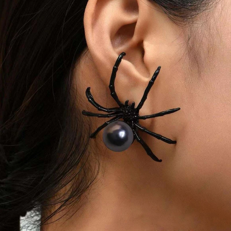 Spider Pearl Earring Black Trendy Personality for Women Alloy