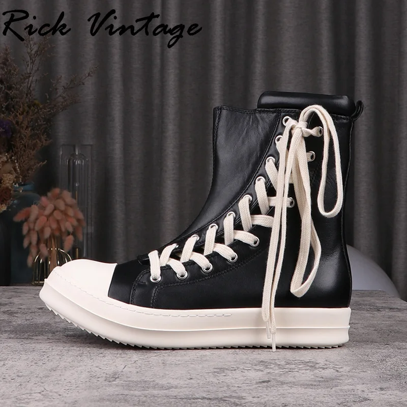 Rick Vintage Men's Real Leather Ankle Boots High Street Board Shoes Women Brand High Top Sneakers Lace Up Shoes