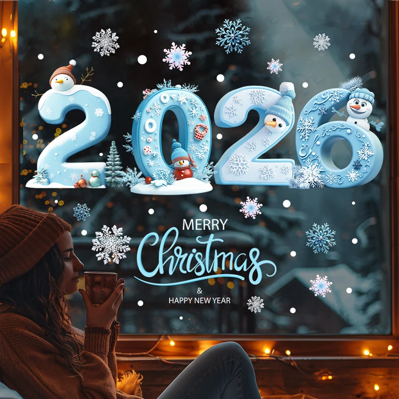 2026 Merry Christmas Window Stickers Cartoon Snowman Snowflakes Glass Decals New Year Home Decoration Electrostatic Sticker Gift
