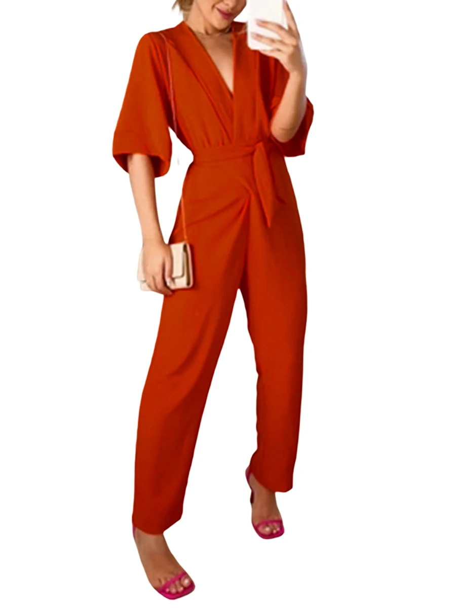 

Giraropa Women s Summer Wide Leg Jumpsuits High Waist Tie Solid Loose Long Pants Casual Half Sleeve V-neck Overalls Playsuits