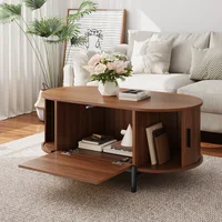 Table basse ovale avec portes coulissantes en rotin, pieds en métal couleur bois, table de rangement multifonctionnelle pour salon 3