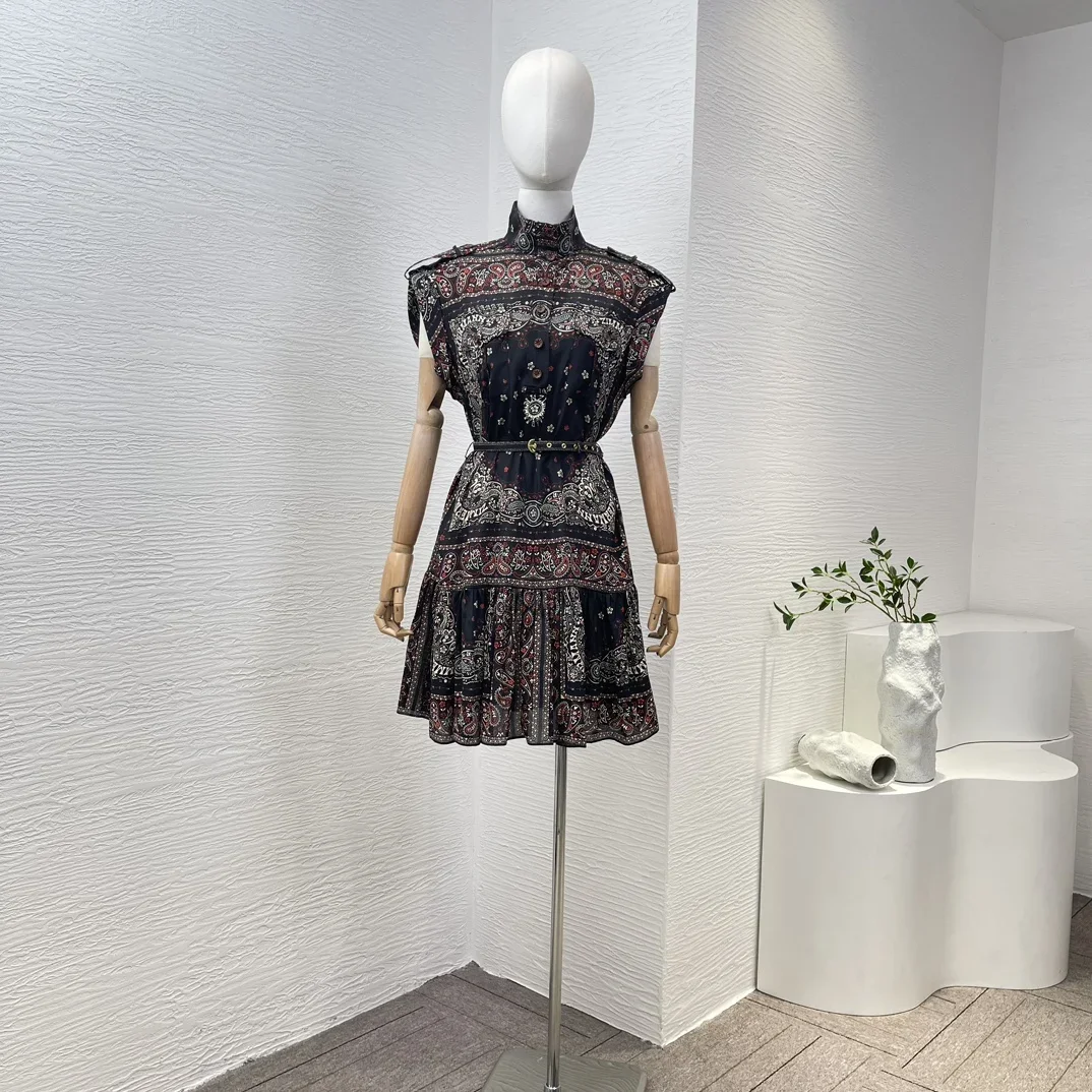 

2024 New Collection Paisley Print Ruched Pleat Sleeveless Silk High Quality Belted Mini Women Dress