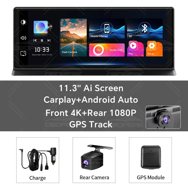 K2 Pro Carplay & Android Auto Dash Cam 11.3" Rearview Camera DVR 4K 2160P GPS Navigation Video Recorder Dashboard Reverse Image