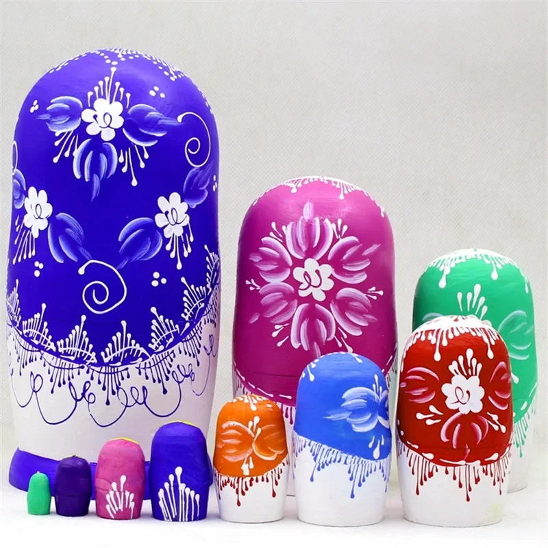 10pcs 나무 러시아 중첩 인형 전통적인 Matryoshka 10 레이어 크리 에이 티브 손으로 그린 ??수공예품 Basswood 장난감 L30을 기원합니다
