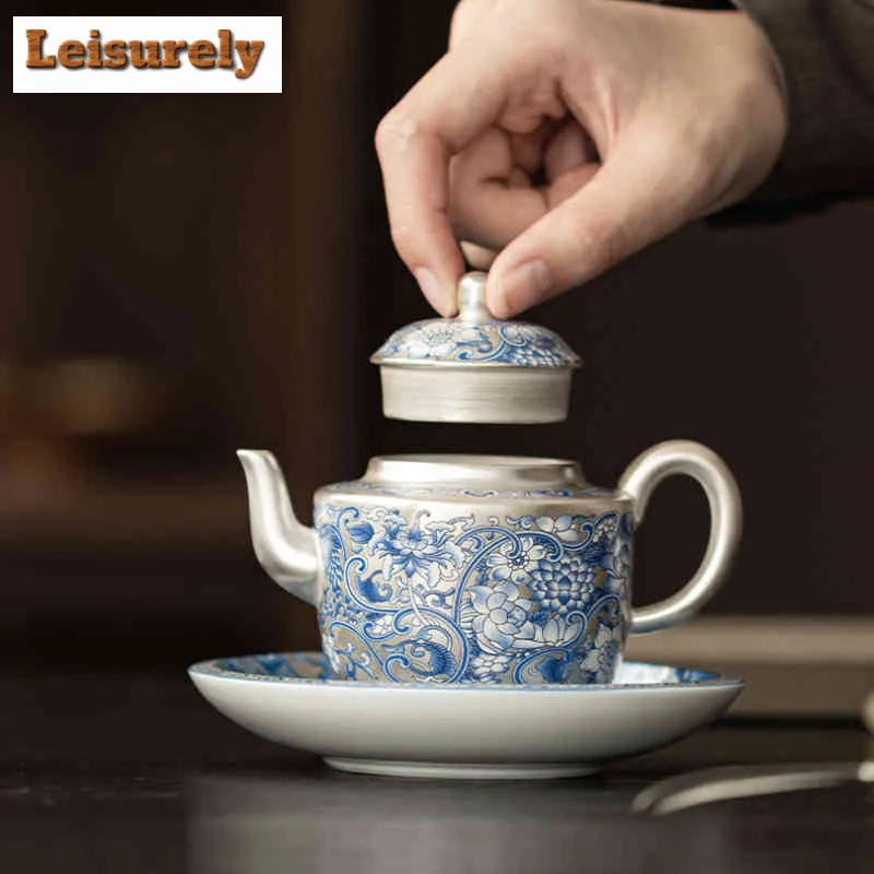 Handmade Gilt Silver Twining Lotus Tea Set Complete Set Japanese Tea Ceremony Set Household Teapot and Tea Cup Set Teaset Craft