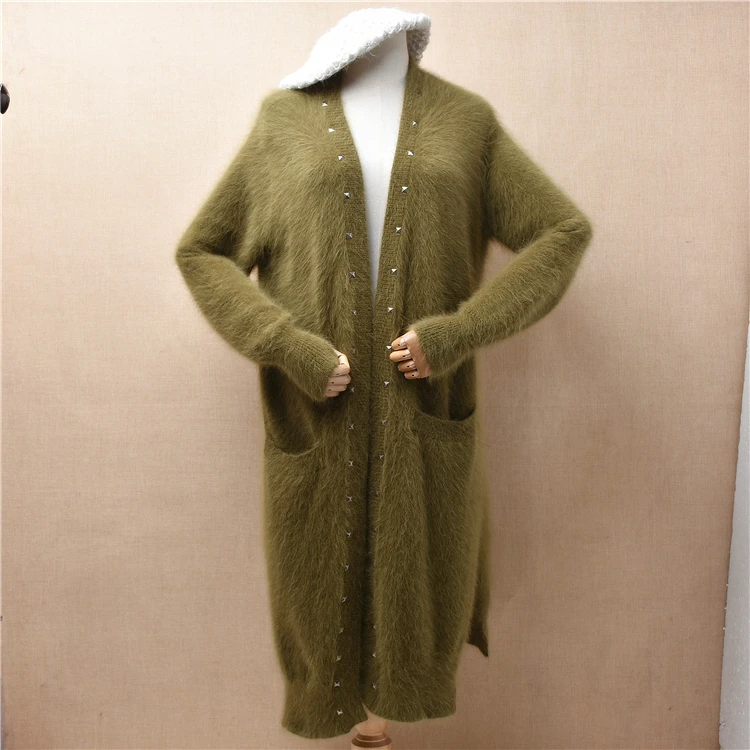 

Ladies Women Fall Winter Clothing Soft Beading Hairy Mink Cashmere Knitted Long Sleeves Loose Long Sweater Cardigans Mantle Coat