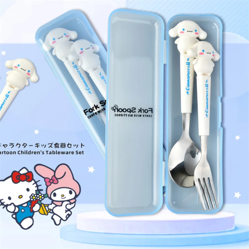 Sanrio-vajilla de Hello Kitty Melody Kuromi con mango de silicona, juego de dos piezas, Cinnamoroll, tenedor, cuchara, regalos para niños