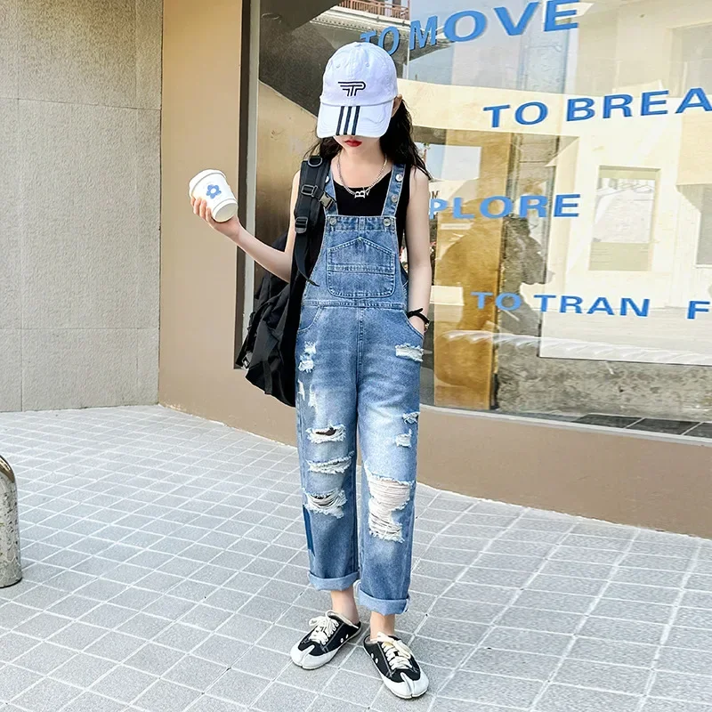 

Girls Denim Overalls Spring Summer Children Clothing Casual Kids Hole Suspender Trousers Girls Solid Kids Jumpsuit Teenage Jeans