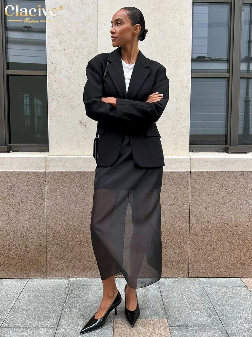 Clacive Fashion Loose Balck Women Skirt Casual High Waist Ankle Length Skirts Elegant Classic Mesh Spliced Skirt Female Clothing