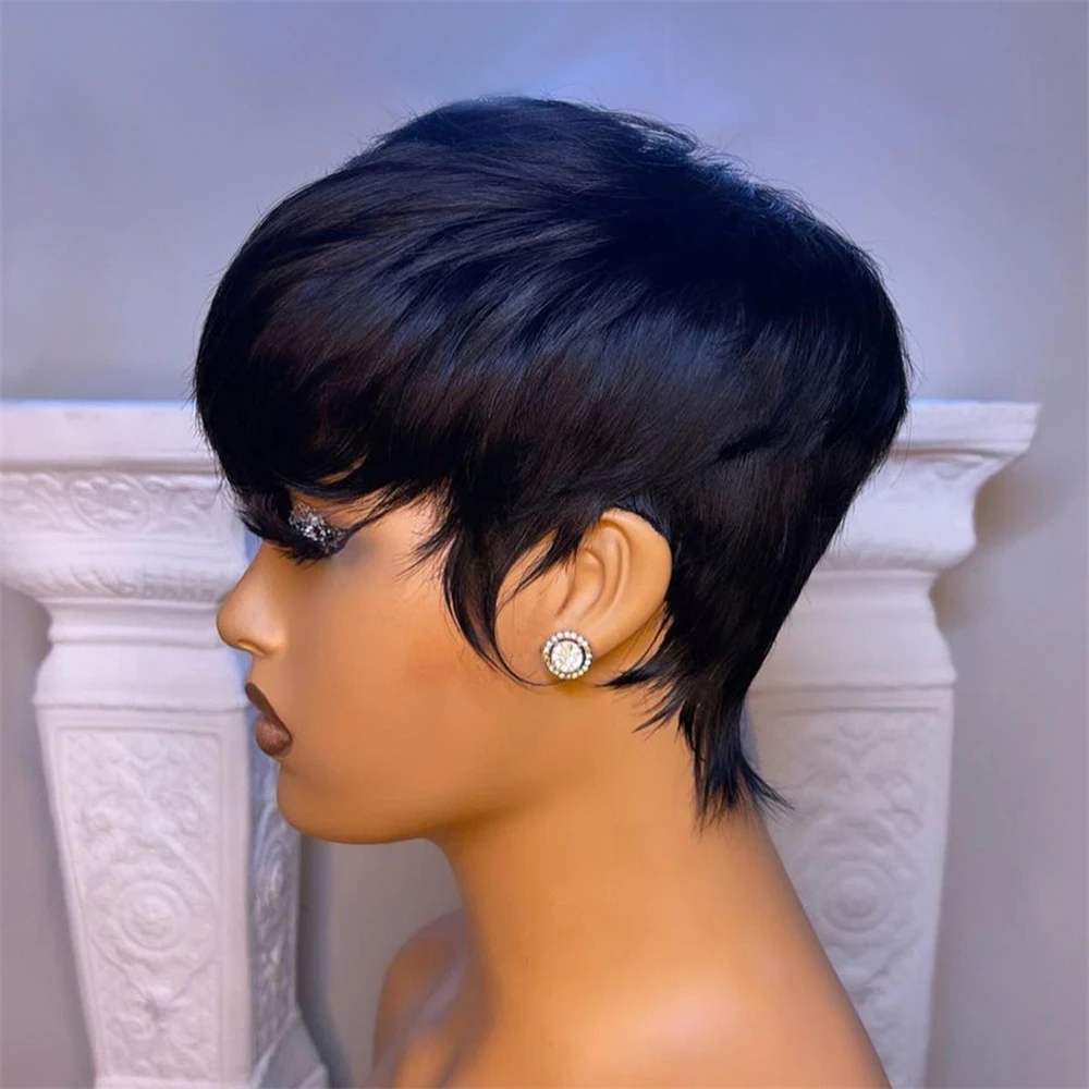 Short Straight Bob Wig Pixie Cut Wig Human Hair Black Women Bangs Brazilian Virgin Hair Non Lace front Cheap Black human hair wigs