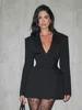 Chic Waist Cinching Mini Dress Women Elegant Full Sleeve Deep V-neck Double Breasted Short Dresses Lady Daily Party Street Gowns