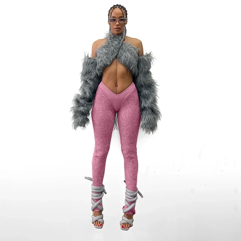 

Solid Patchwork Knitted Pencil Pants Women V Cut High Waist Stretch Hipster Slim Casual Trousers Y2K Streetwear Bottoms