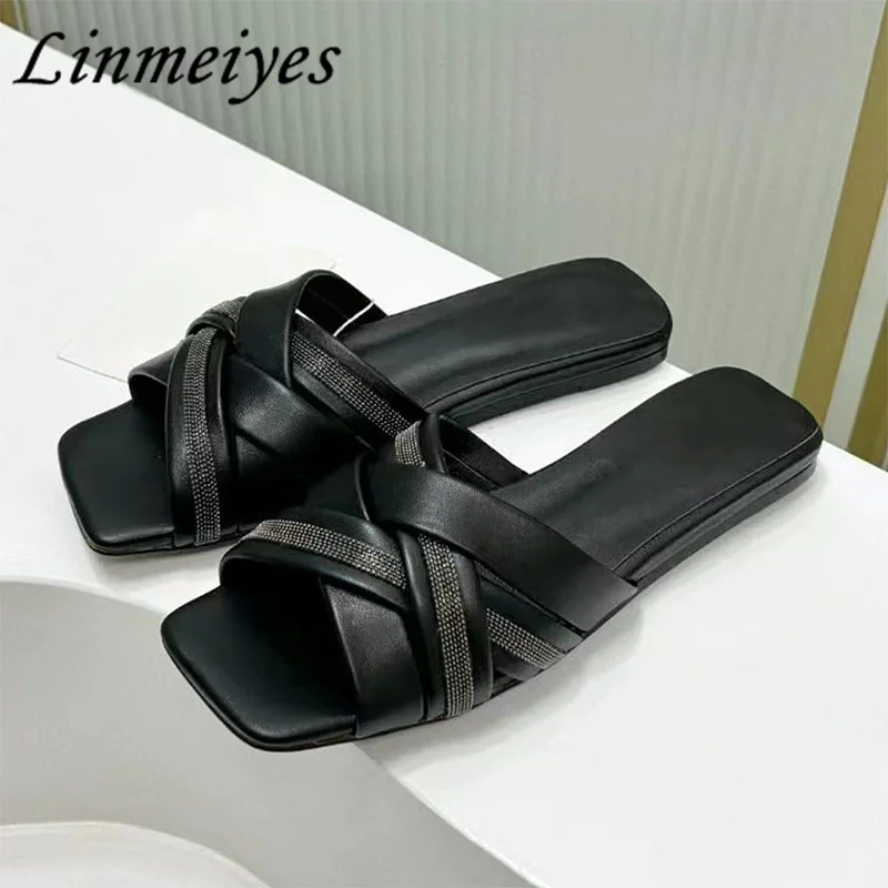 

Summer Beaded Flat Slippers Woman Casual Comfy Vacation Beach Mules Shoes Genuine Leather Cross Belt Braid Casual Slippers Women