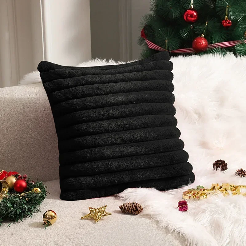 Luxurious Faux Rabbit Fur Plush Cushion Cover - Soft and Fluffy Striped Decorative Pillow