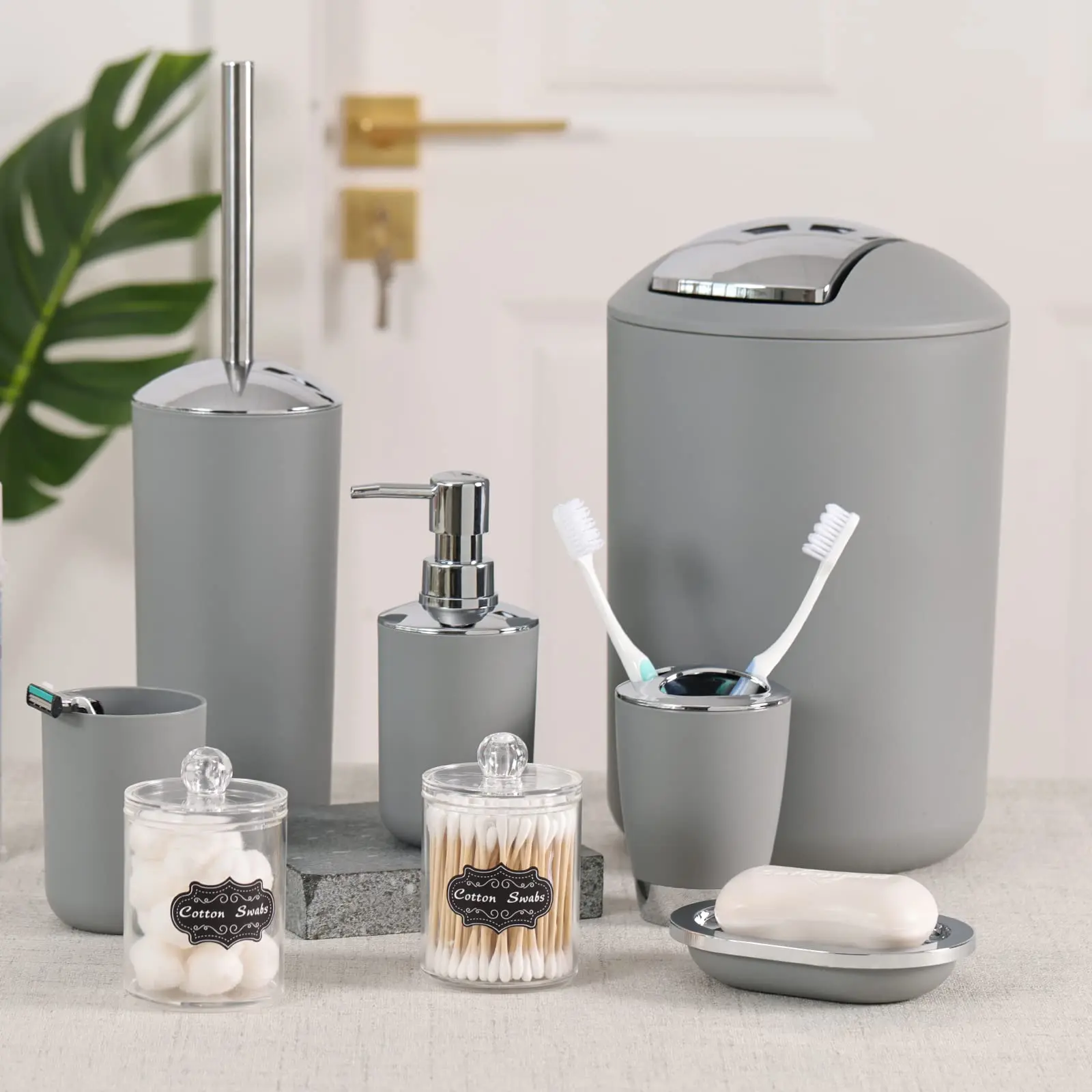 Bathroom Accessories, 8 Piece Bathroom Accessories Set with Trash Can, Toothbrush Holder and Cup, Soap Dispenser and Dish