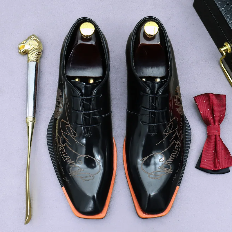 Embossed Printed Business Formal Cowhide Men's Oxfords Genuine Leather Casual Lacquered Shiny British Shoes