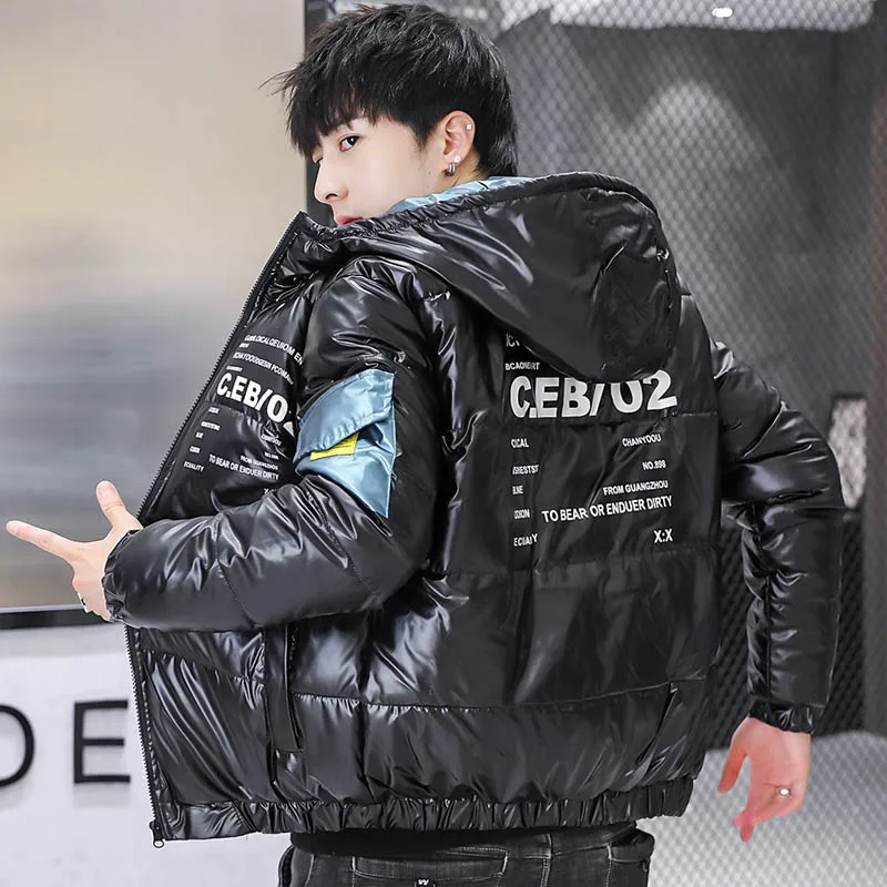 

New Casual Bright Hooded Cotton-Padded Jackets Men's 2023 Autumn Winter Warm Down Coats Tops Clothing Youth Outwear Thick Parkas