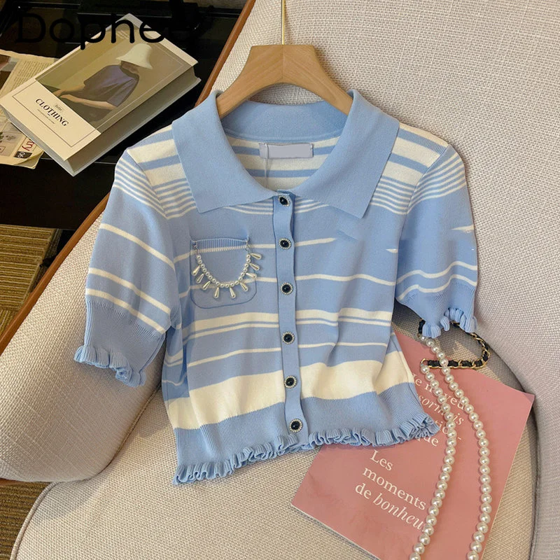

French Style Classic Striped Color Stitching Knitted Cardigan Sweater Women's Summer New Sweet Turn-down Collar Beaded Short Top
