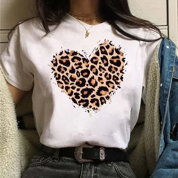 New Wholesale Leopard Print Simple Round Neck Lovely T-shirt Woman Harajuku Graphic T Shirts Tops Summer fashion polyester 1