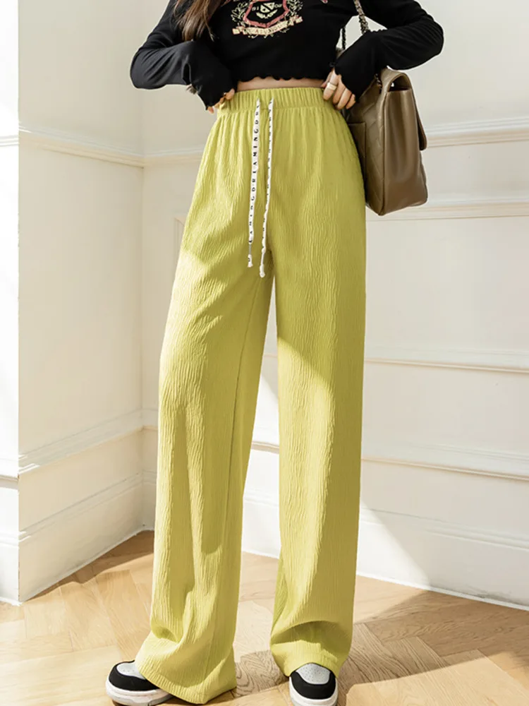 

Drawstring Pleated Wide Leg Pants Women 2022 Korean Summer Straight Loose Casual Trousers Female Solid Color High Waist Slacks