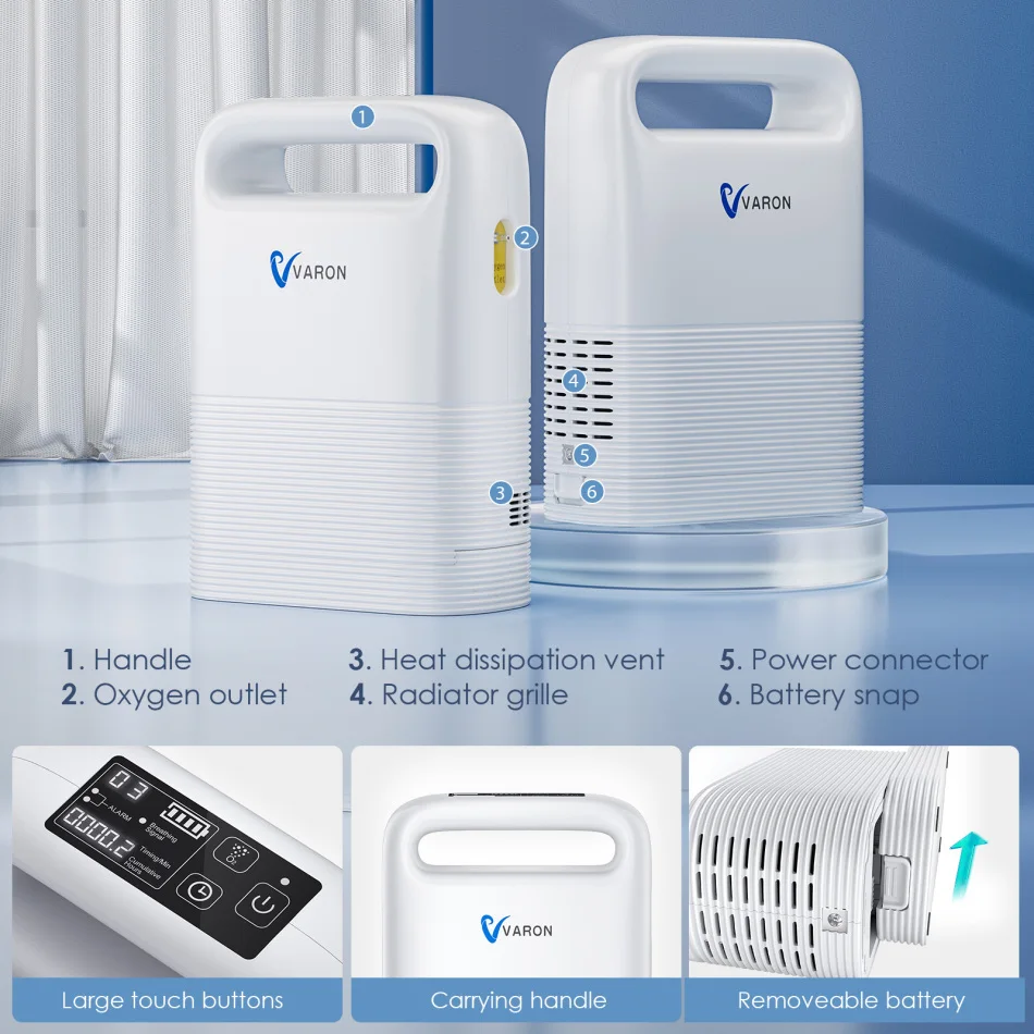Varon-ポータブル酸素濃縮器,1〜5 l,取り外し可能なバッテリー,家庭用