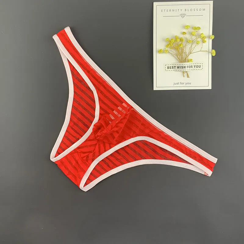 Sexy Nylon Briefs For Men Ice Silk Underwear Transaprent Stripe Hollow