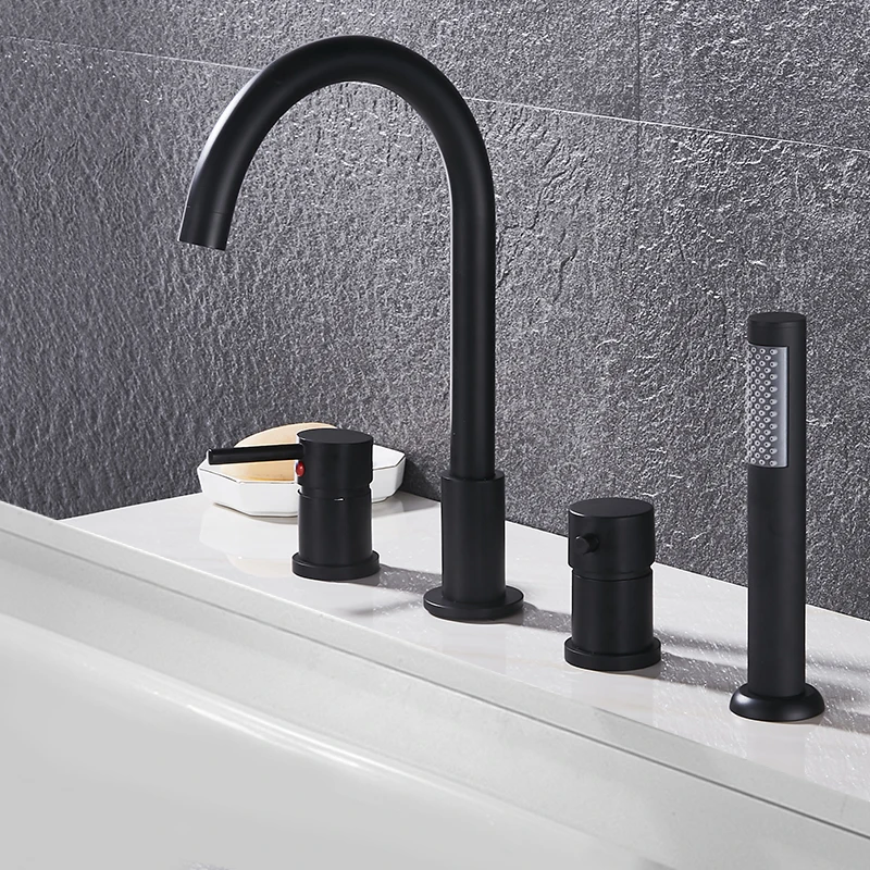 Deck Mount Bathroom Bathtub Faucet Set with Handheld Shower Tub Faucet Hot and Cold Water Mixer Bath Faucet Gold Bathtub Tap 3
