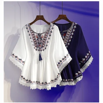 Women Summer Tees Retro Boho Style Embroidery Blouses Cloak Top Loose Cotton Lace Hem Bat sleeve Kimono Shirts Blusa Feminina