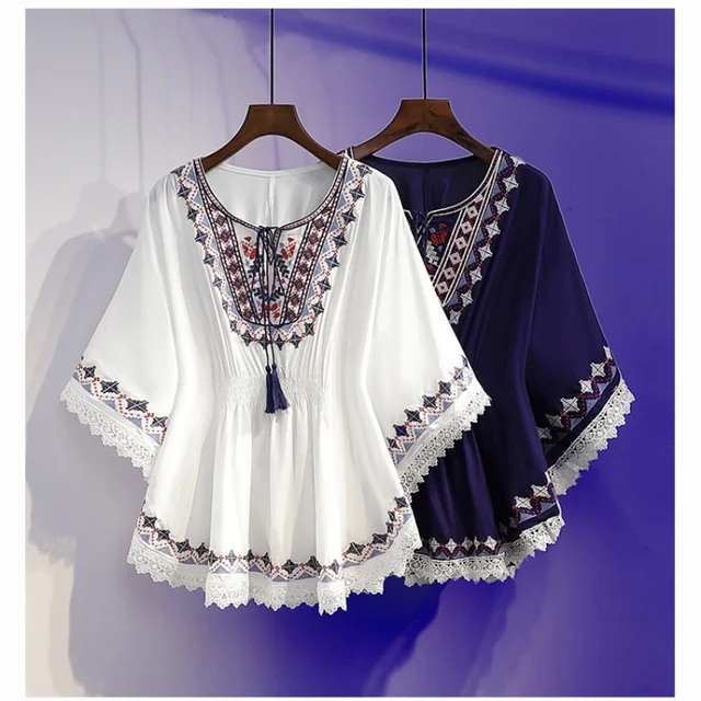 Femmes t-shirts d'été rétro Style Boho broderie Blouses cape haut ample coton dentelle ourlet manches chauve-souris Kimono chemises Blusa Feminina 1
