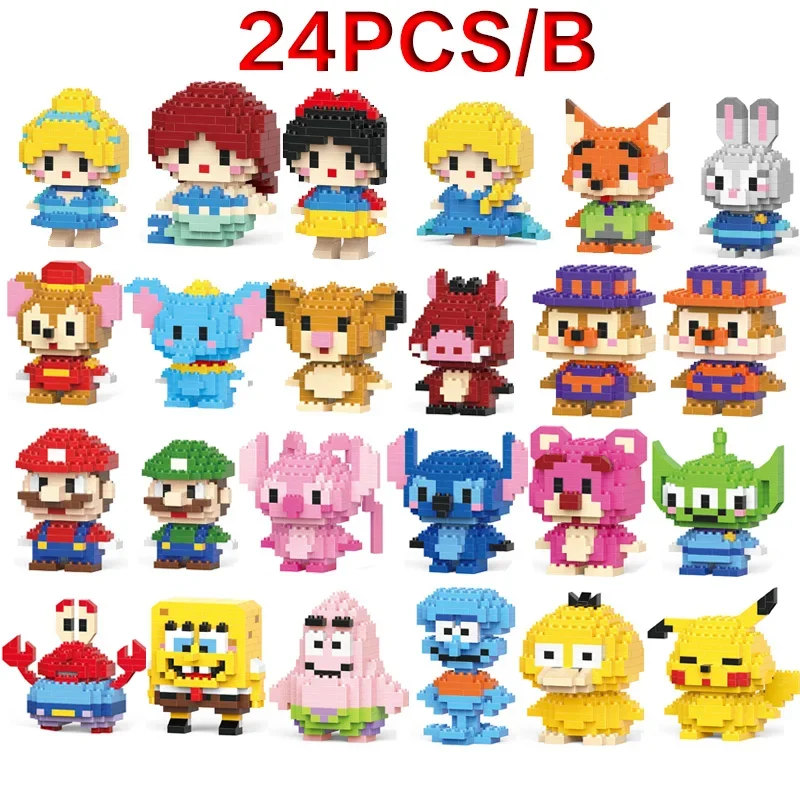 24pcs Stitch LinaBellr Mario Bros Figures Disney Stitch Building Blacks Cartoon Anime Pokemon Pikachu Assembled Bricks Toy Gift 3