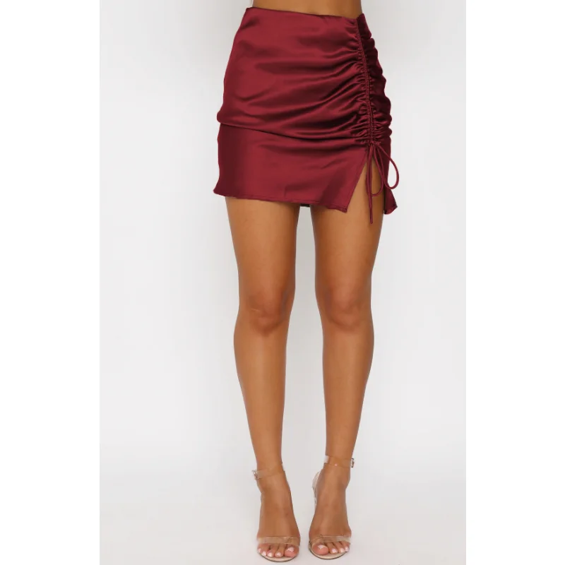 Minifalda plisada de satén con cordones y abertura lateral para mujer, falda de moda, cintura alta lisa, cremallera, atuendo informal, falda para mujer