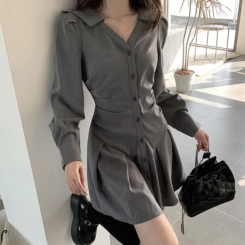 

2022 Spring Shirt Dress Women Korean Long Sleeve Sexy Mini Pleated Dresses Streetwear Dress Vestidos