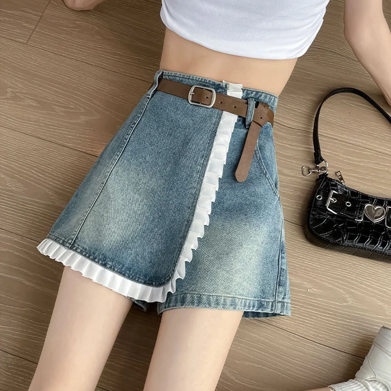Vintage Denim Shorts Skirts Women Summer New Style High Waist Loose A-line Irregular Lace Skirts Female