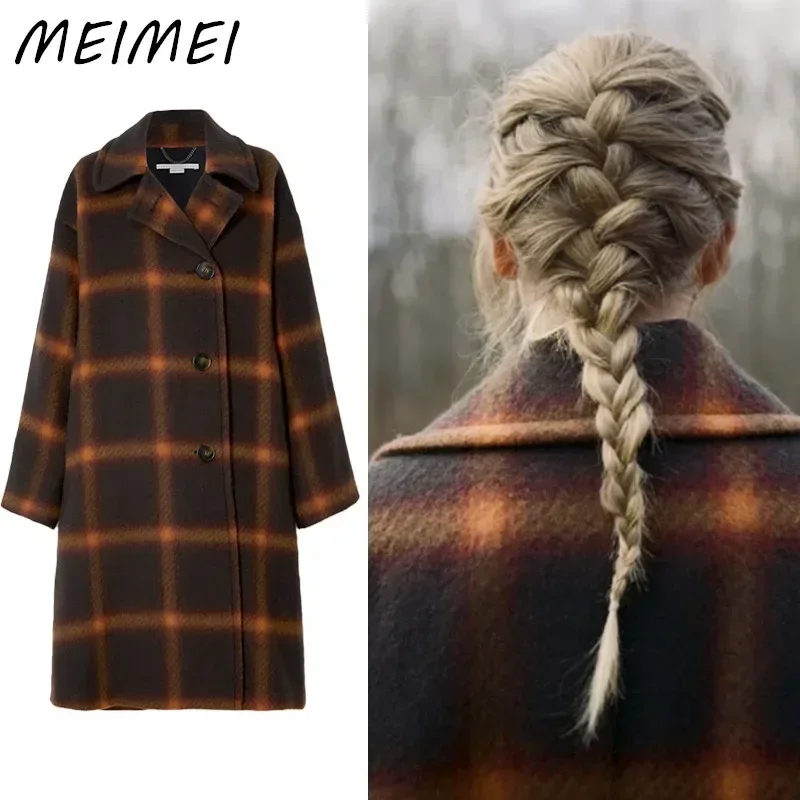 

Women Vintage V Neck Single Breasted Long Sleeve Plaid Long Coats Autumn Winter Female Elegant Coat Fashion Warm Loose Overcoat