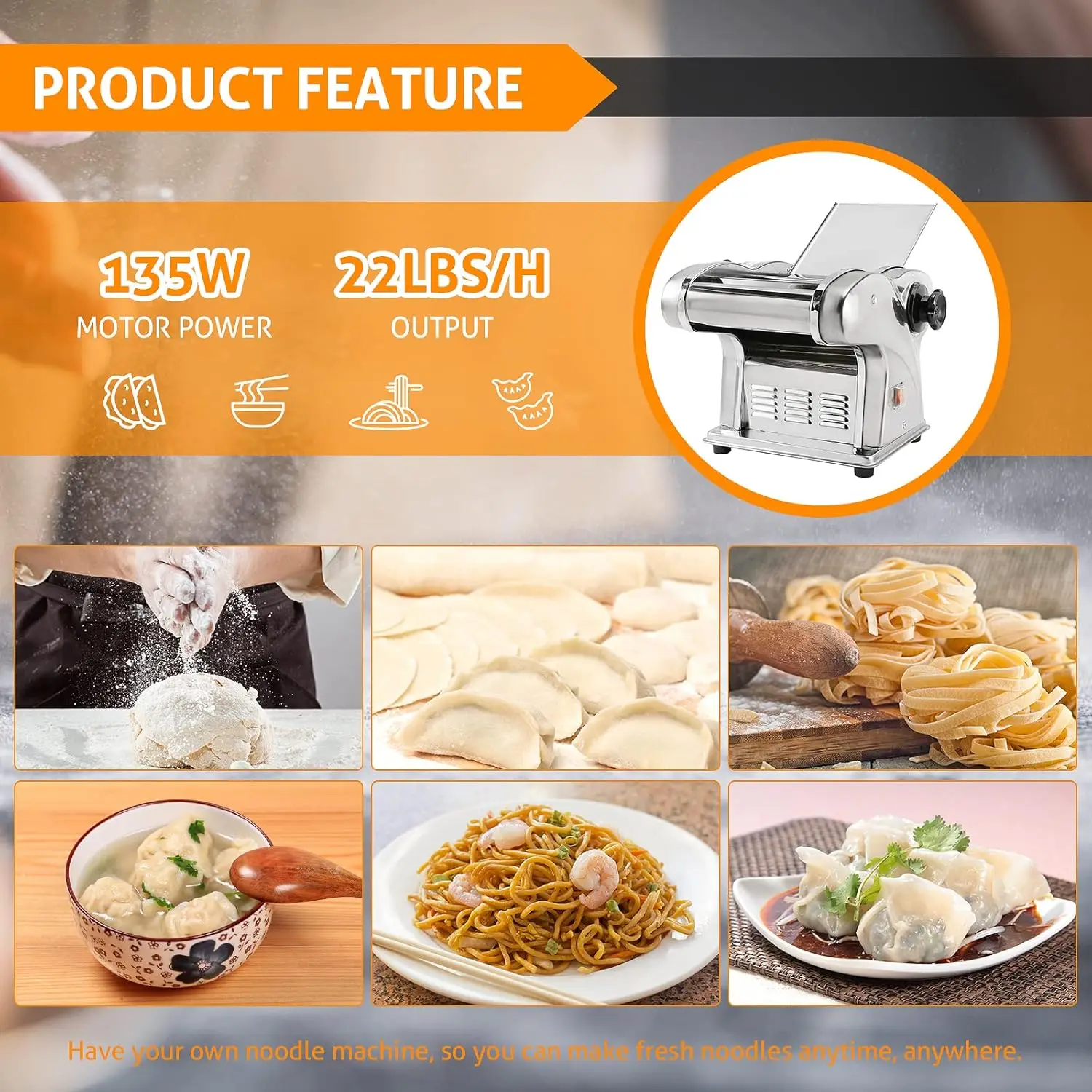 Electric Pasta Maker Machine 3 IN1 Pasta Dough Spaghetti Roller Noodle Pressing Machine Stainless Steel 135W for Home Family Use