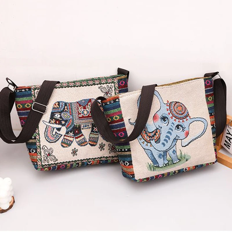 Ethnic Style Handbag Embroidery Elephant Canvas Women Shoulder Bags Grocery Storage Pouch Large Capacity Crossbody Bag