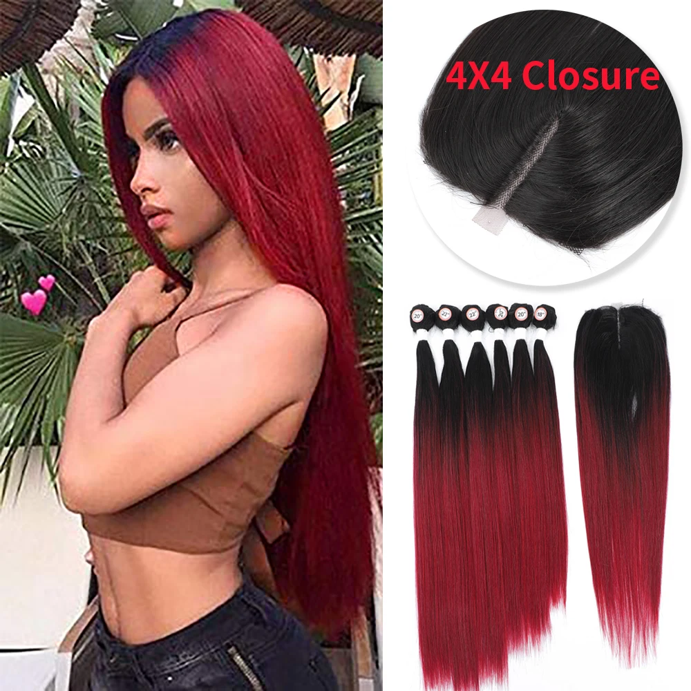 Synthetic Hair Weaving Bundles with 4*4 Clousure Lace Frontal Ombre Wig Natural Wave Straight Hair Extensions Soku Weave