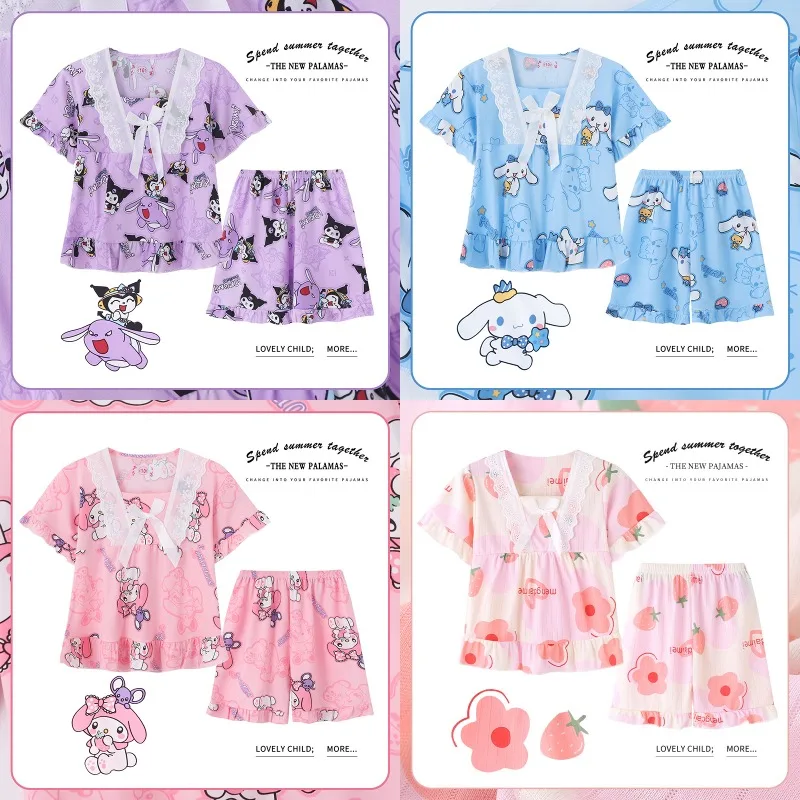 Kawaii Sanrio Kids Pajamas Hello Kitty Cinnamoroll Short Sleeves Shorts Set Sleepwear Summer Girl Homewear Child Clothes Suit