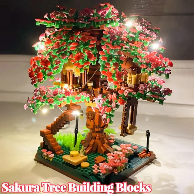Mini Sakura Tree Building Blocks Set Diy Cherry Blossom Bricks with Light Treehouse Model Ornament Romantic Gift for Girlfriend 1