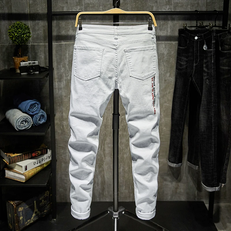 Personalized printed jeans men's ripped fashion slim fit skinny stretch street embroidery high-end handsome motorcycle pants