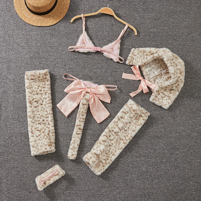 Leopard Sexy Lingerie Top Cute Suit Tiger Plush Woman Lace-up Bow Cosplay Matching Sets Strap Hat Trend Y2K Hotsweet Clothes New